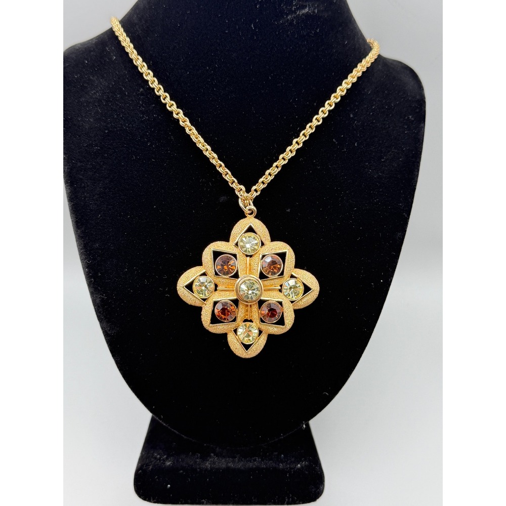 Vintage Sarah Coventry Pendant Necklace Rhinestone Maltese Cross 70s #1041